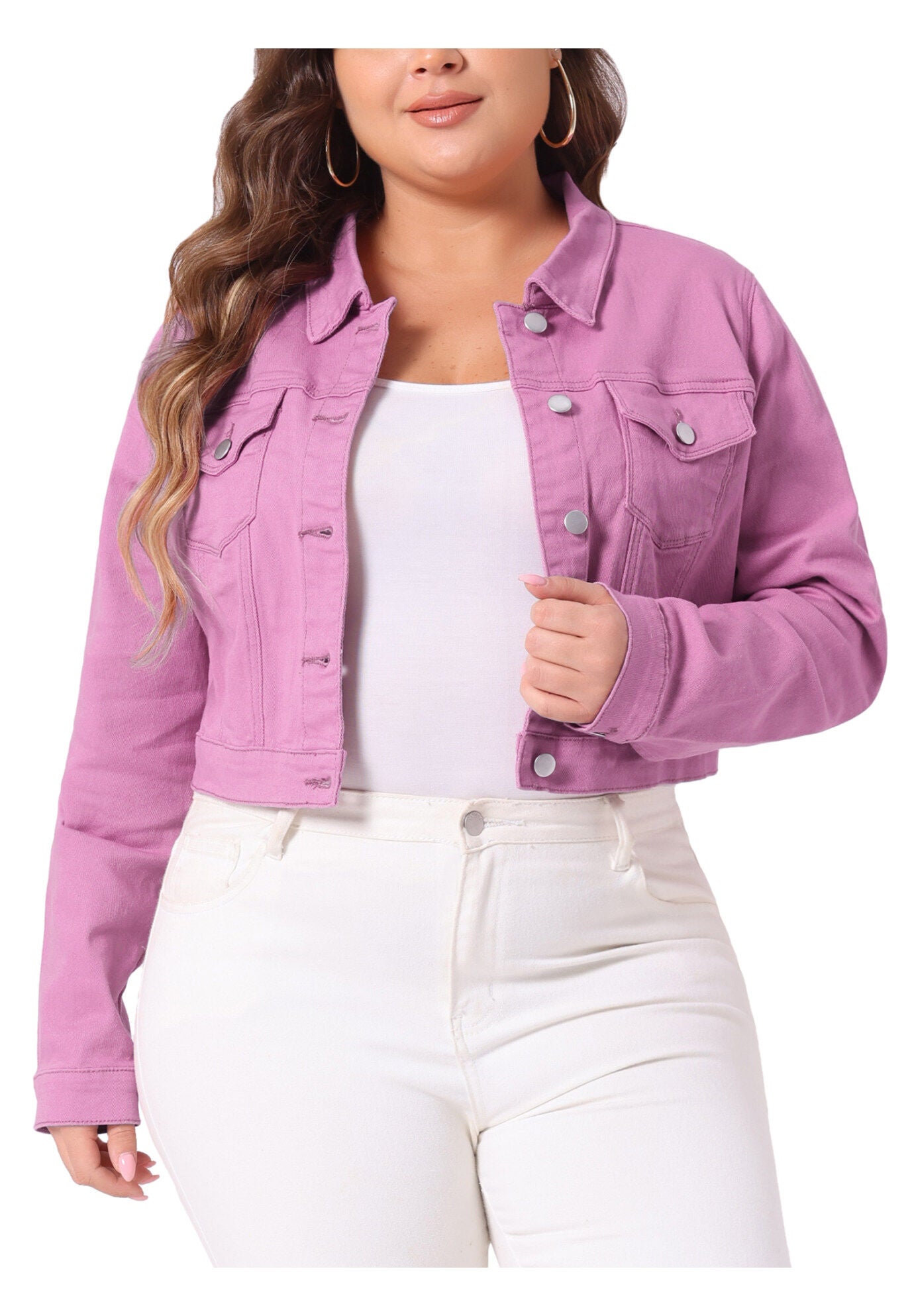 BUTTON CLOSED CROPPED DENIM JACKET, Dark Pink / Deep Fuchsia, alternate image number 2