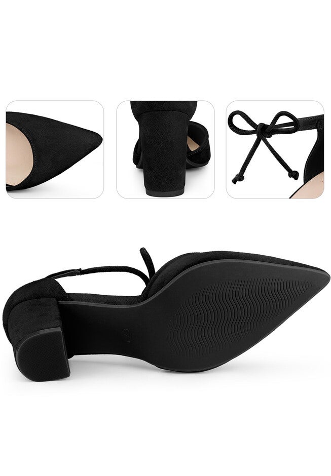 Ankle Tie Pointed Toe Chunky Heels Pumps, Black / Black, alternate image number 1