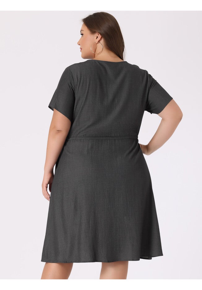 V Neck Short Sleeve A Line Flowy Midi Chambray Dress, Grey Black / Charcoal Grey, alternate image number 3