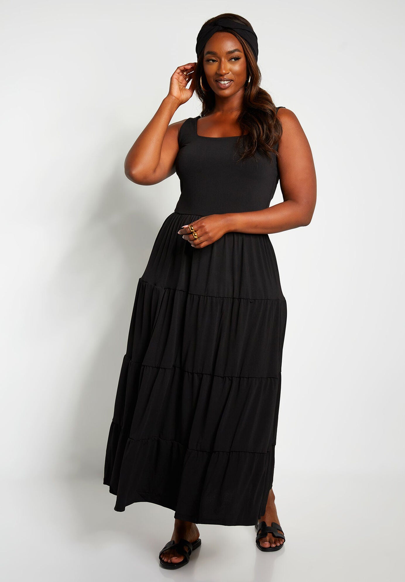 Unwind Tiered Maxi Skater Dress W. Turban, Black / Black, alternate image number 2