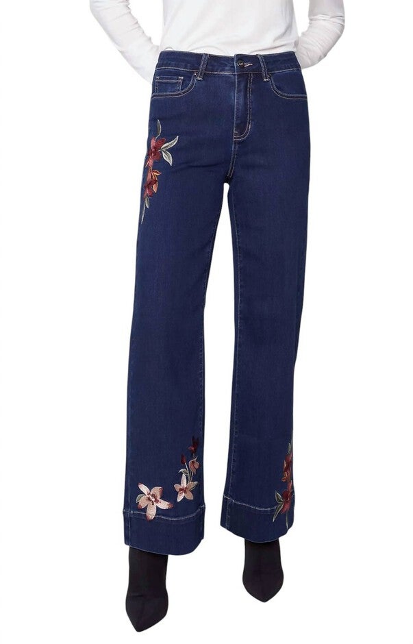 EMBROIDERED WIDE LEG JEAN, Indigo / Azure Blue, hi-res image number null