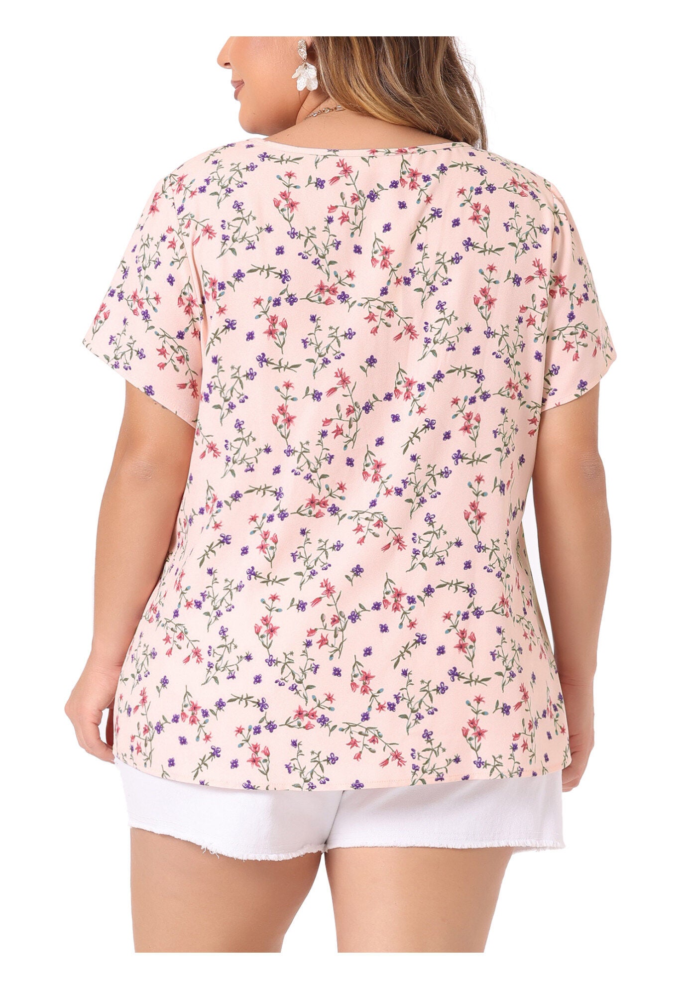 Summer Top Floral Half Placket Short Sleeve Casual Blouse, Pink / Pink, alternate image number 3