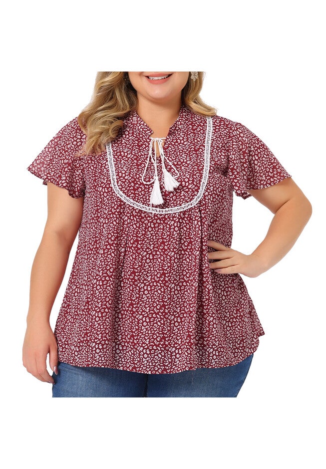 Floral Printed Bib Peasant Blouse Tie Neck Keyhole Boho Top, Red / Red, alternate image number 2