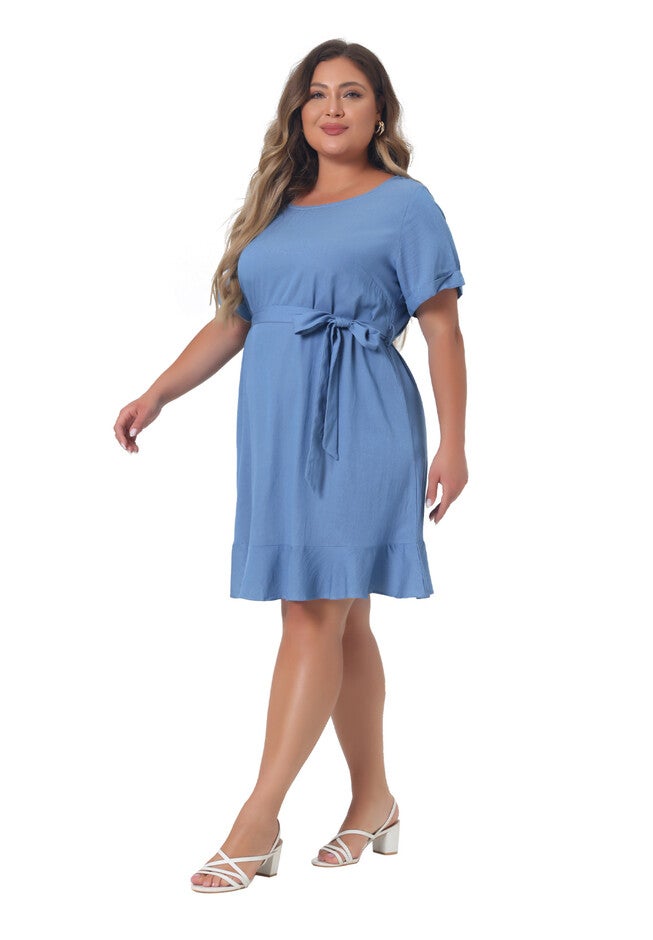 Summer Tie Waist Short Sleeve Sundress Ruffle Midi Chambray Dress, Light Blue / Light Blue, hi-res image number 0