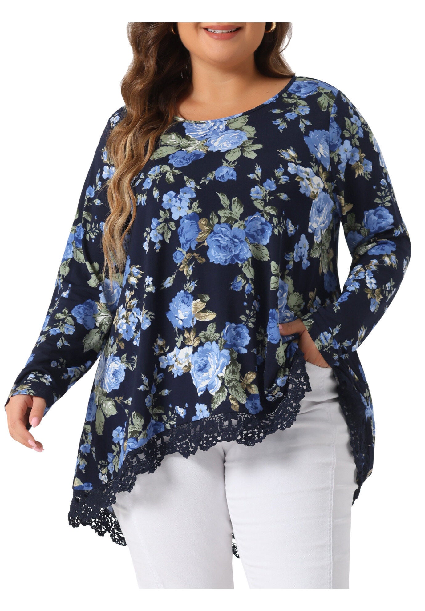 Crew Neck A-Line High Low Hem Floral Blouse, Navy Blue / Navy, alternate image number 1