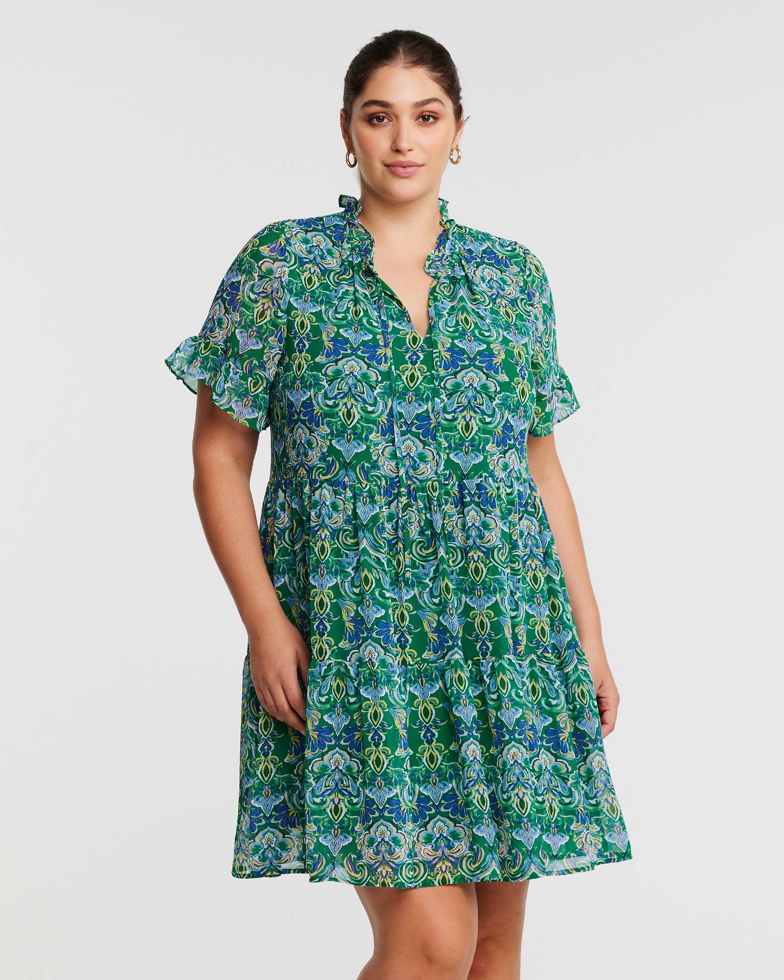 Mandala Green Tiered Mini Dress, , alternate image number 6