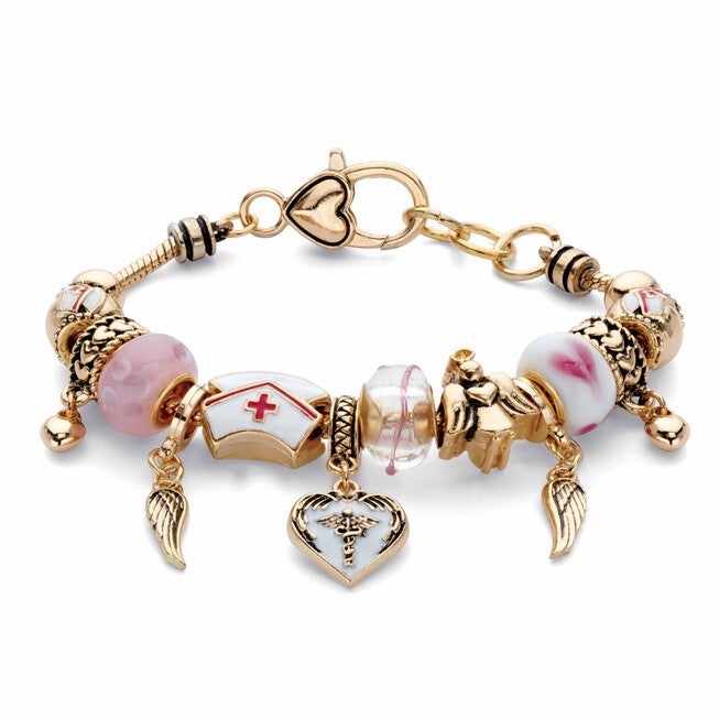 Pink and White Medical Nurses Goldtone Bali-Style Beaded Charm Bracelet 8 inches, Yellow / Yellow, hi-res image number 0
