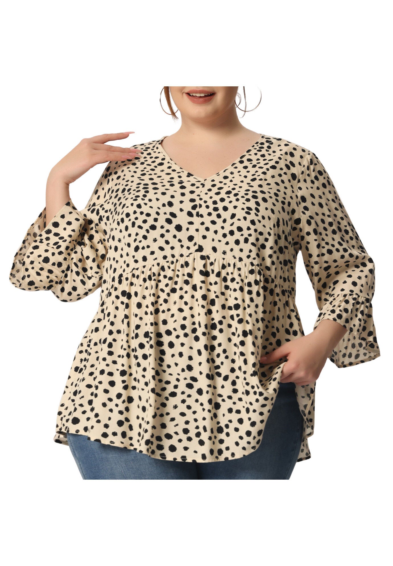 Polka Dots Blouse 3/4 Ruffle Sleeve Peplum Top, Apricot / Cream, alternate image number 2