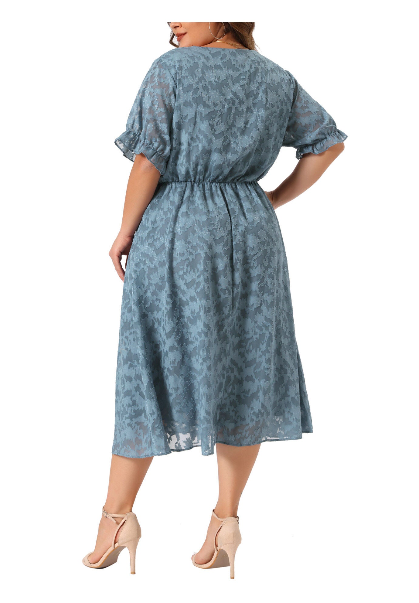 LACE FLORAL RUFFLE SHORT SLEEVE V NECK MIDI DRESS, Gray Blue / Dusty Blue, alternate image number 3