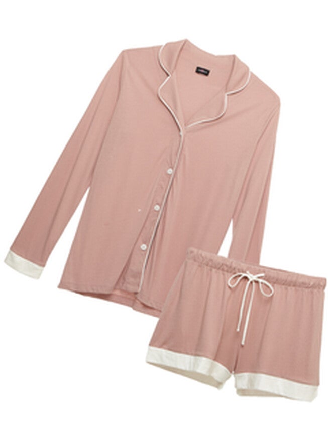 Long Sleeve Top & Short Pajama Set, Mandorla  Moon Ivory / Mauve, hi-res image number 0