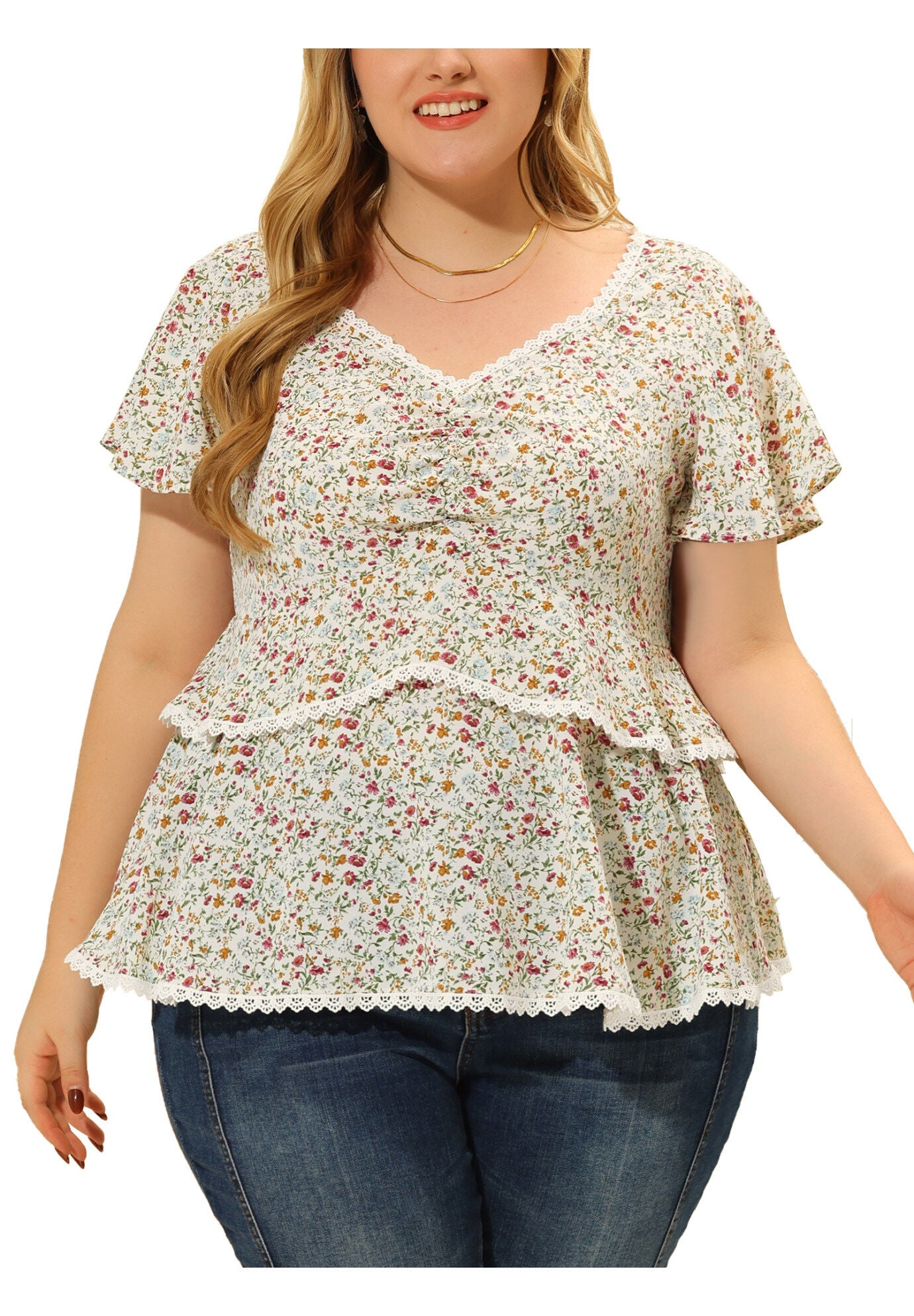 Floral Babydoll Sweetheart Ruffle Short Sleeve Top Tiered Blouse, White / White, alternate image number 2