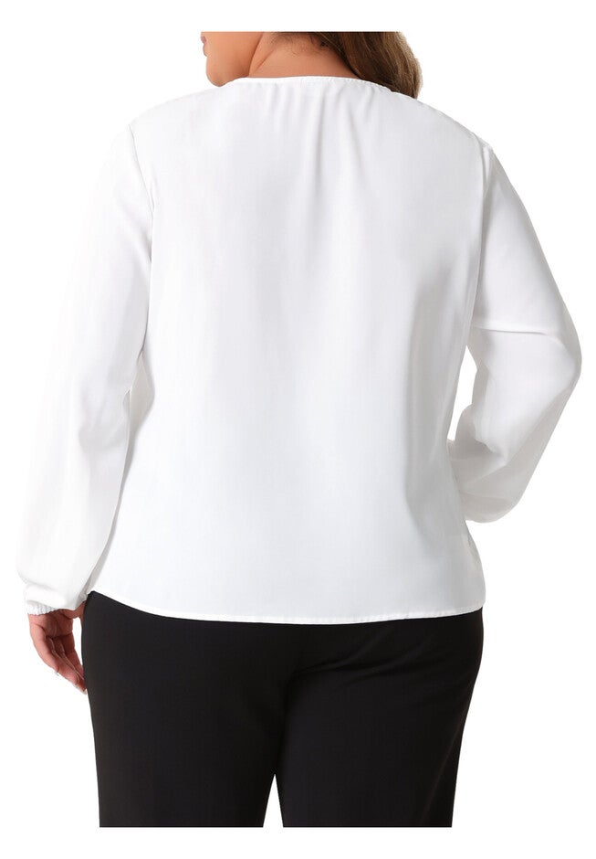 Crew Neck Pleated Curved Keyhole Long Sleeve Chiffon Blouse, White / White, alternate image number 3