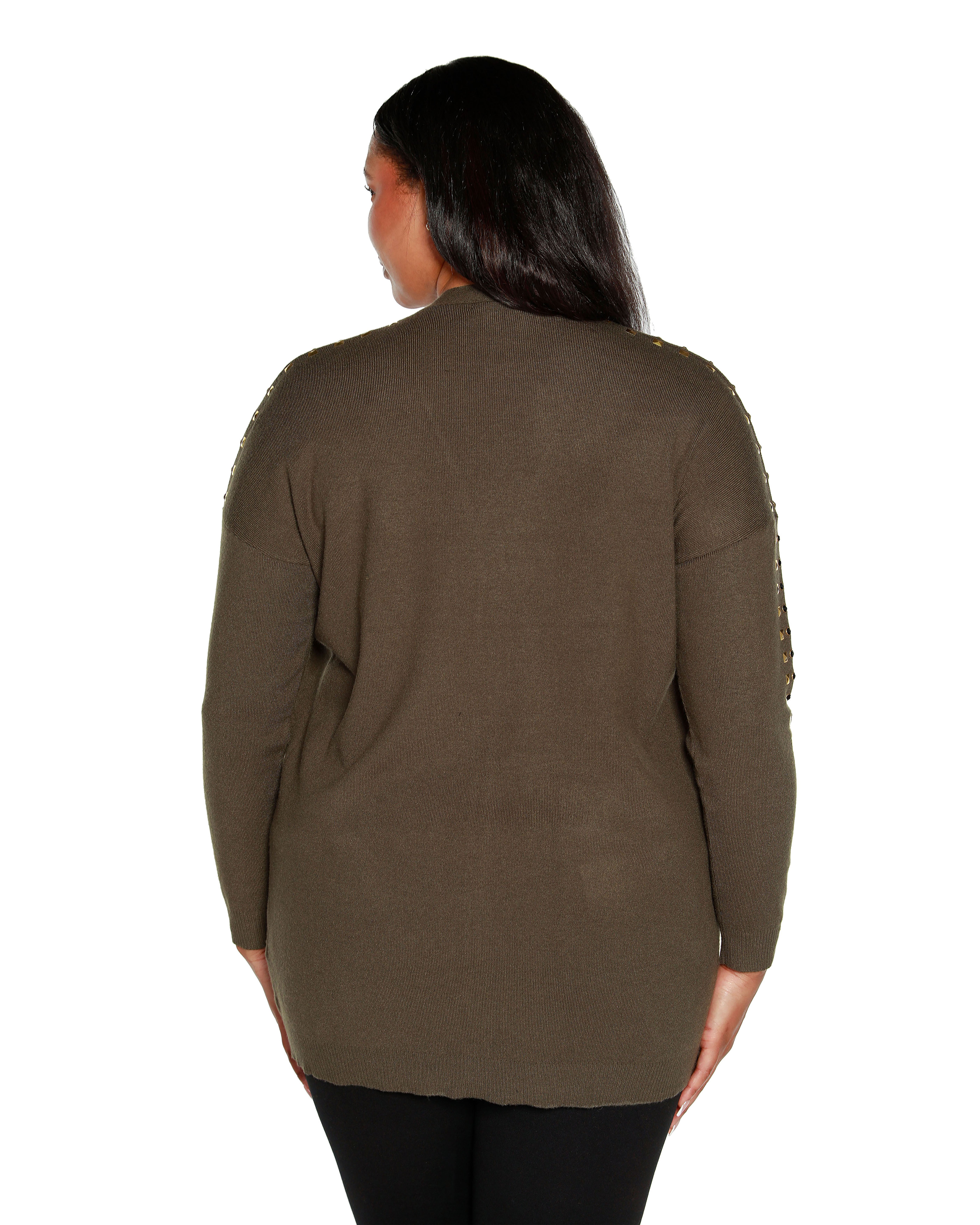 EMBELLISHED OPEN-FRONT CARDIGAN, Burnt Olive / Olive Green, alternate image number 2
