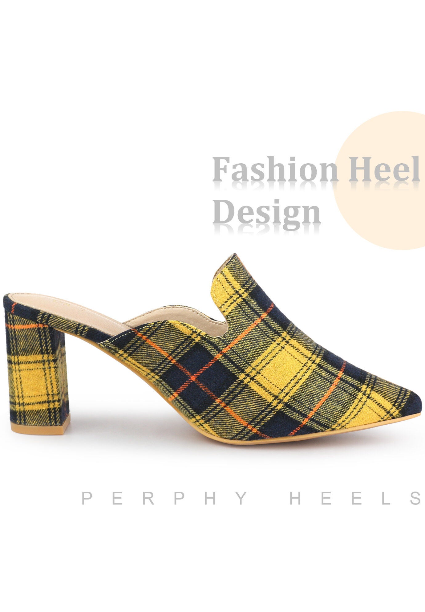Pointed Toe Slip on Chunky Heels Houndstooth Slide Mules, Yellow / Yellow, alternate image number 2