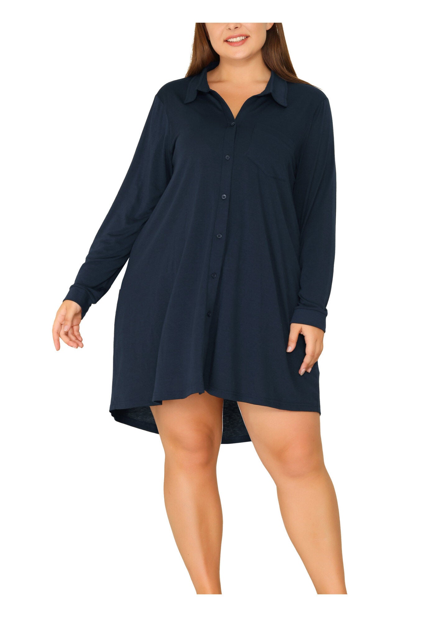 Long Sleeve Button Down Nightshirt V-Neck Sleepwear, Navy Blue / Navy, alternate image number 2