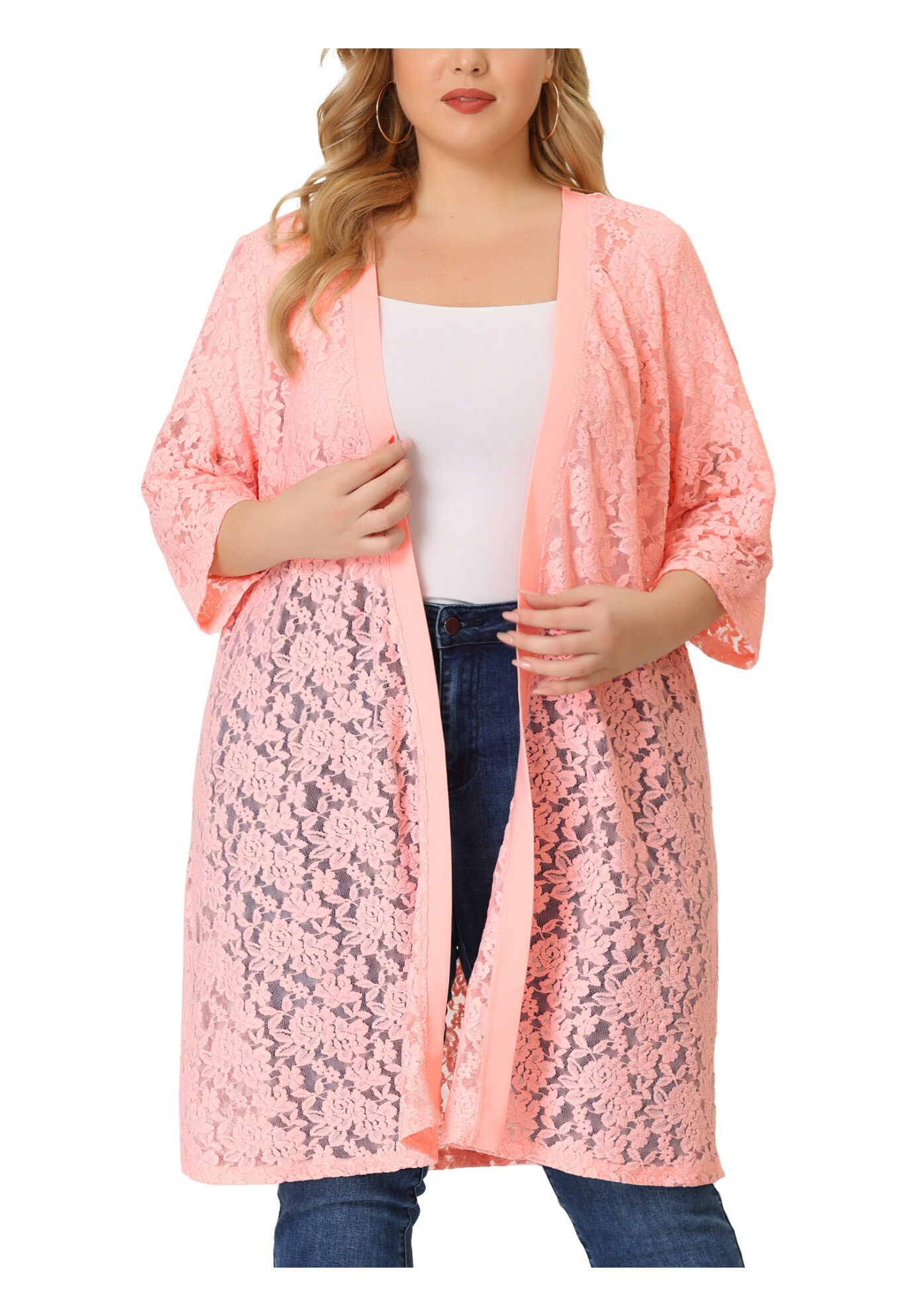LACE CROCHET 3/4 SLEEVE COVER UP CARDIGAN, Pink / Pink, hi-res image number 0