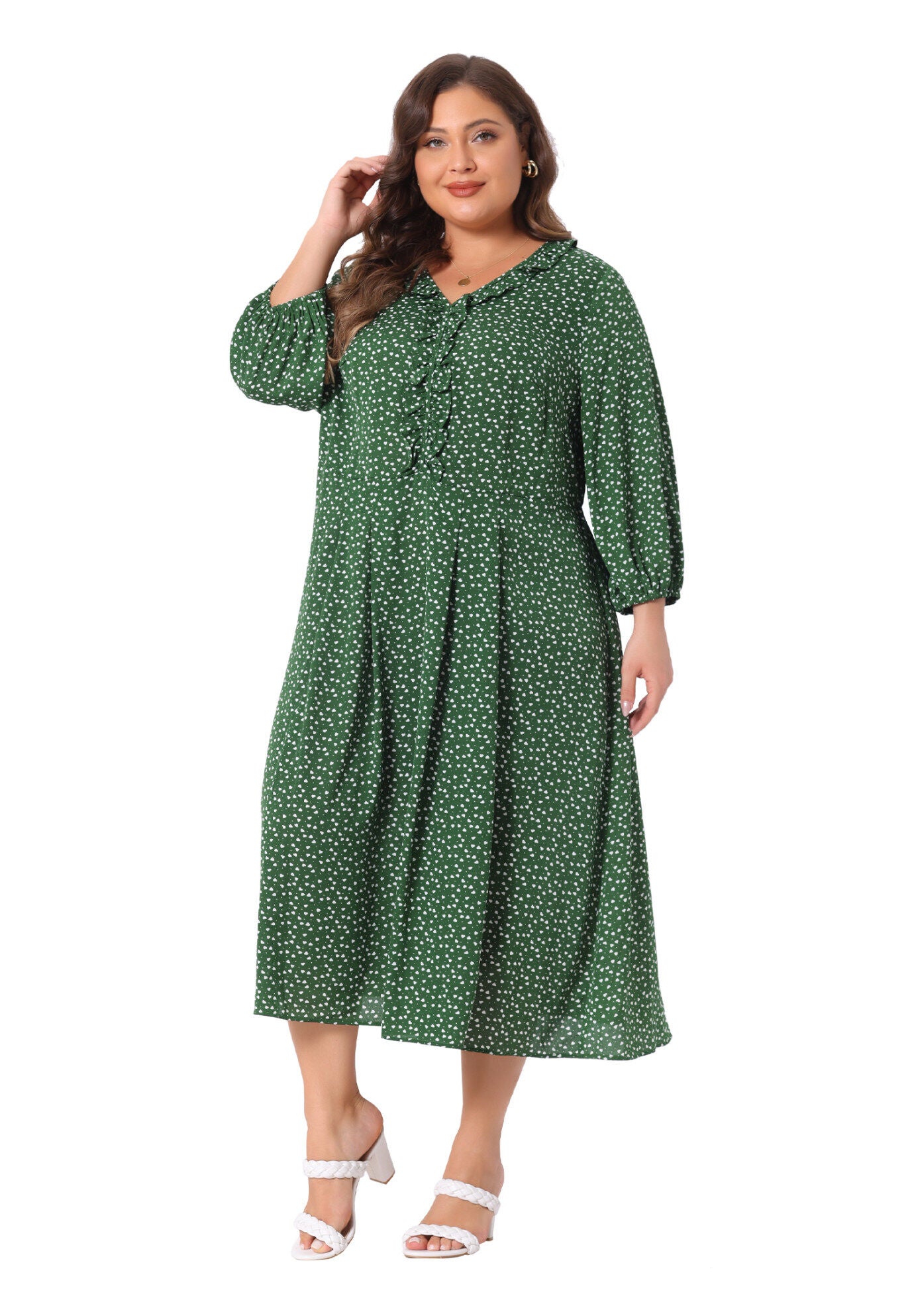 3/4 Sleeve Sweetheart Print Midi Ruffle Dress, Green / Hunter Green, hi-res image number 0