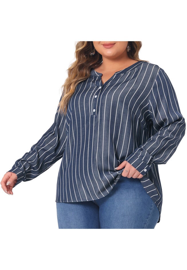 Long Sleeve Button Down Shirt Top, Black Blue / Navy, alternate image number 1