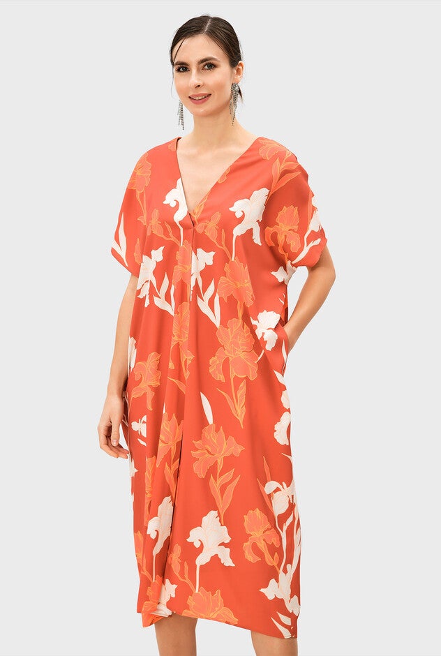 Tropical Floral Print Crepe Kaftan, , alternate image number null