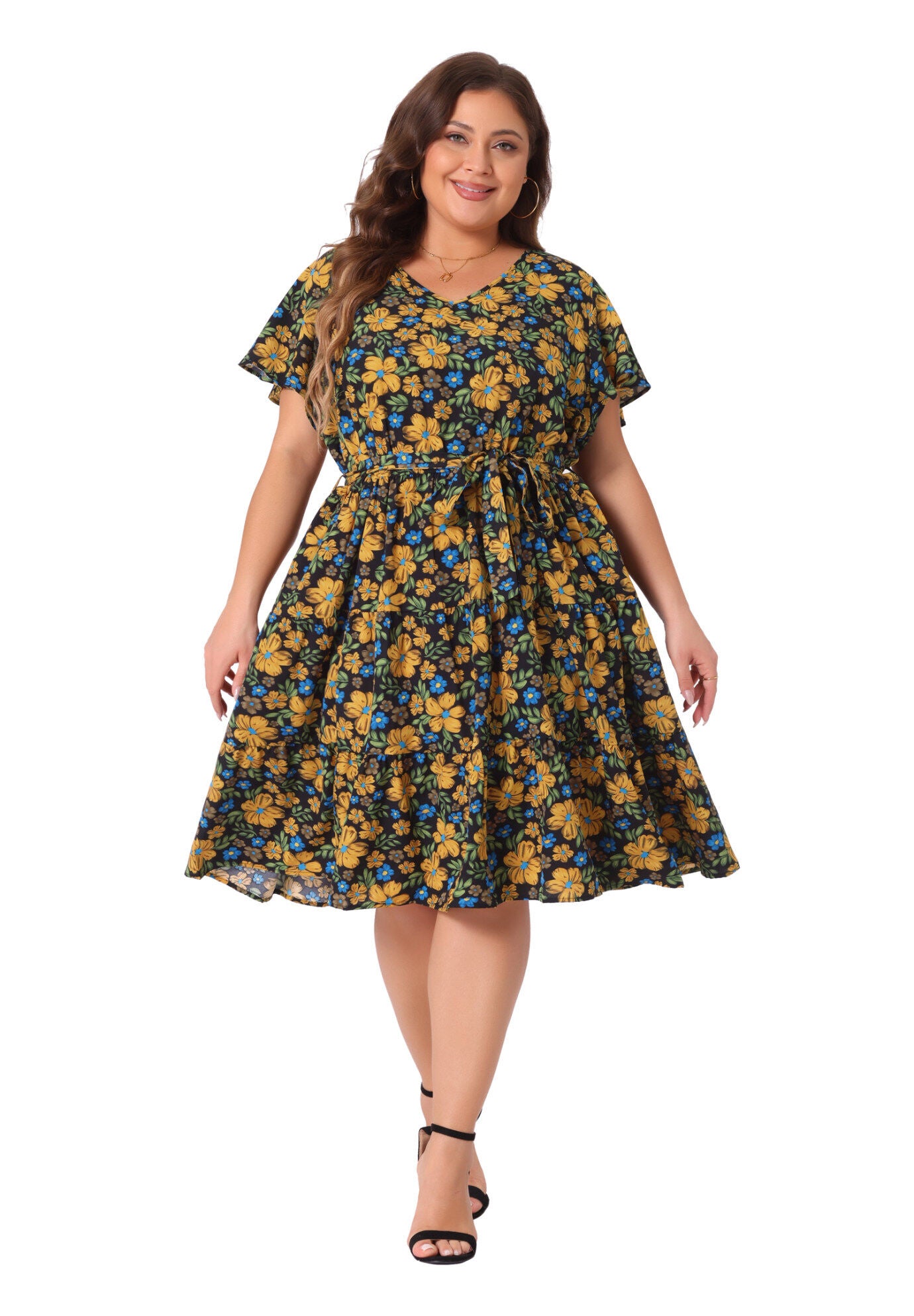 Floral Printed V Neck Summer Midi Flared Dress, Black / Black, hi-res image number 0