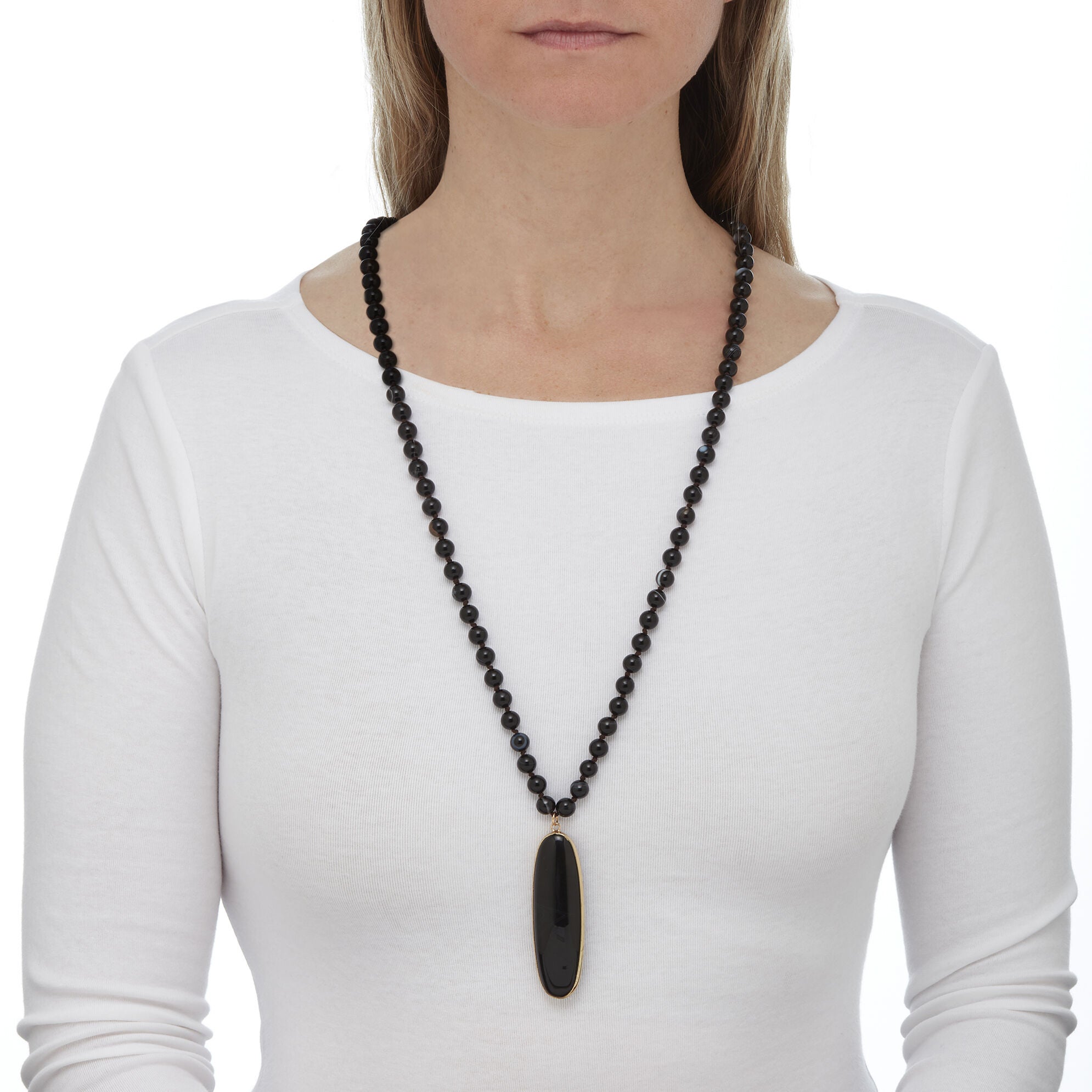 Genuine Black Agate Goldtone Bezel Set Oval Cabochon Beaded Necklace 34 Inch, , alternate image number 6
