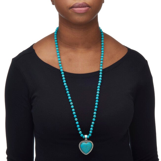 Genuine Turquoise Antiqued Silvertone Heart Pendant Necklace, 34 inches, , alternate image number null