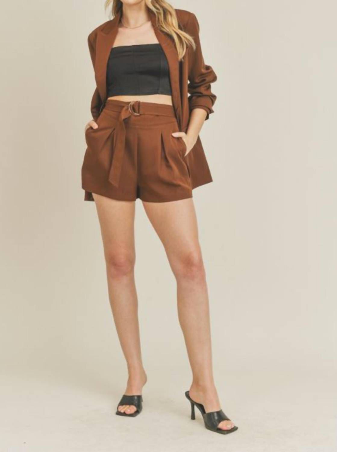 Belted Woven Shorts In Coffee, Coffee / Brown, hi-res image number 0