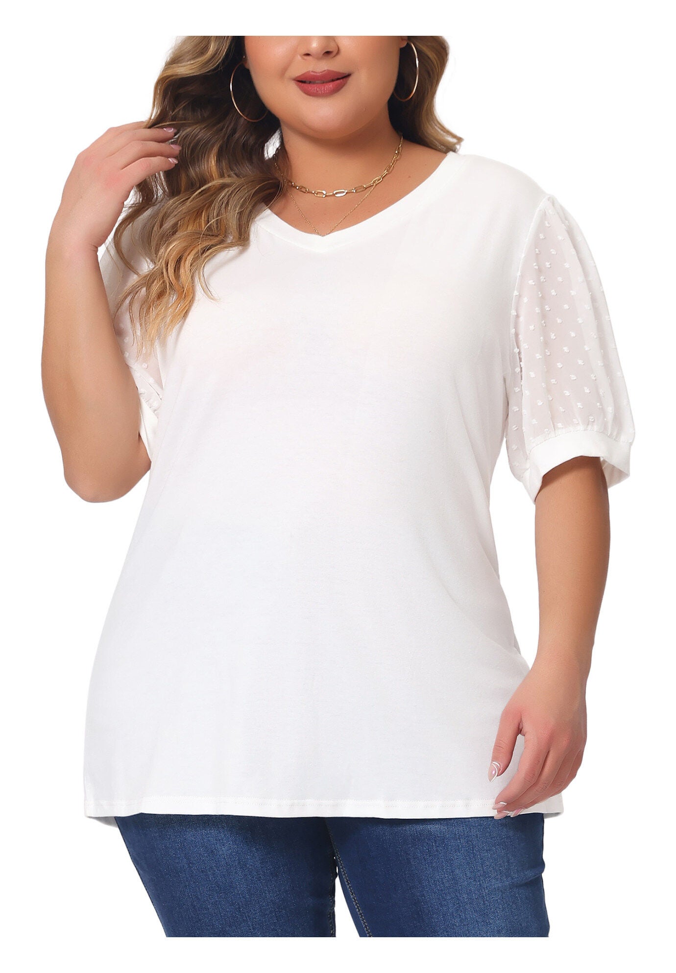 V Neck Swiss Dots Puff Sleeve Loose Top, White / White, alternate image number 2