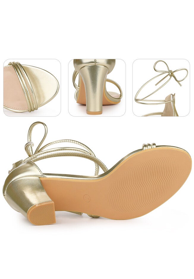 Open Toe Strappy Lace Up Chunky Heel Sandals, Gold / Gold, alternate image number 2