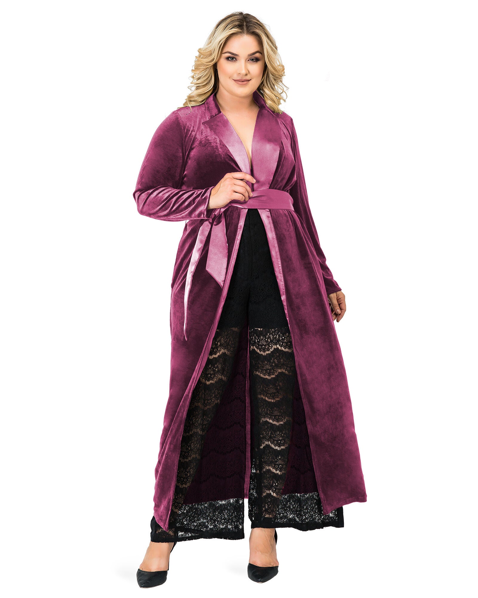 Plus Size Freya Stretch Velvet Wrap Midi Coat Dress With Satin Lapel And Satin Belt, , alternate image number 5