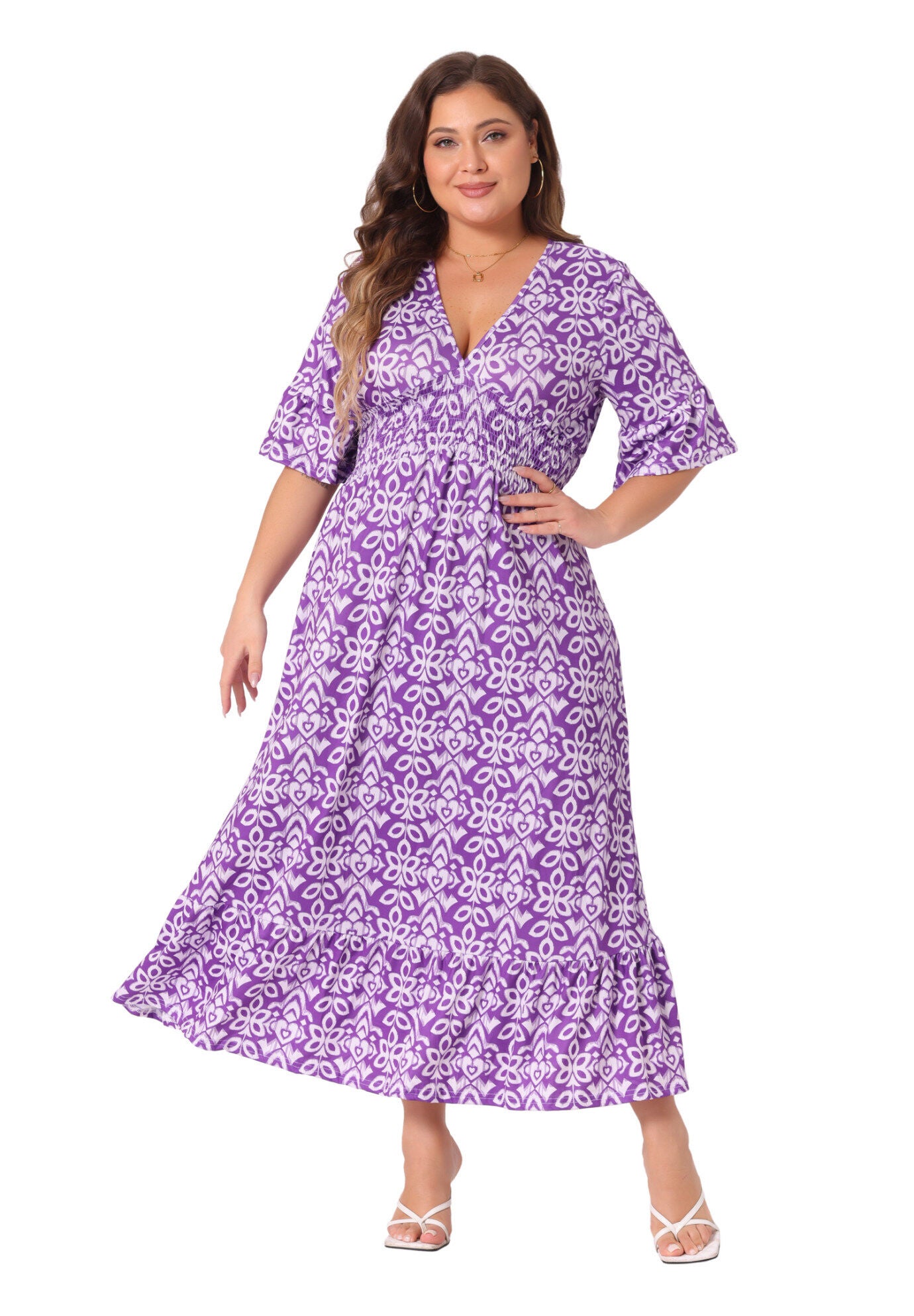 Bell Sleeve Ruffled Hem V Neck Short Sleeve Boho A Line Long Dress, Purple / Purple, hi-res image number 0