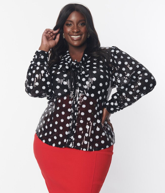 Unique Vintage Black & White Sequin Dot Lena Blouse, BlackWhite Sequin Dot / Black, alternate image number 2