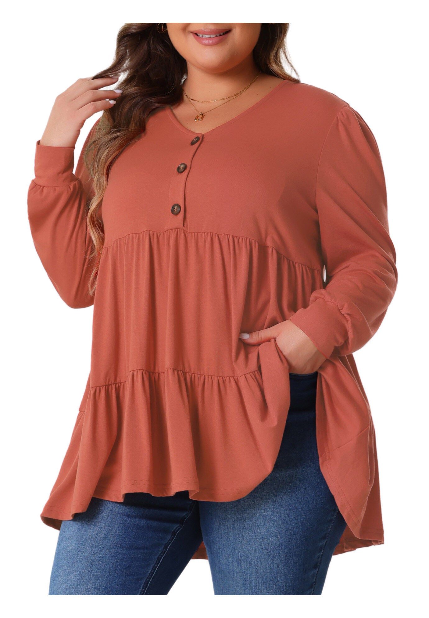 V Neck Long Sleeve Button Up Peplum Tunic Babydoll Top, Brick Red / Burnt Orange, alternate image number 3