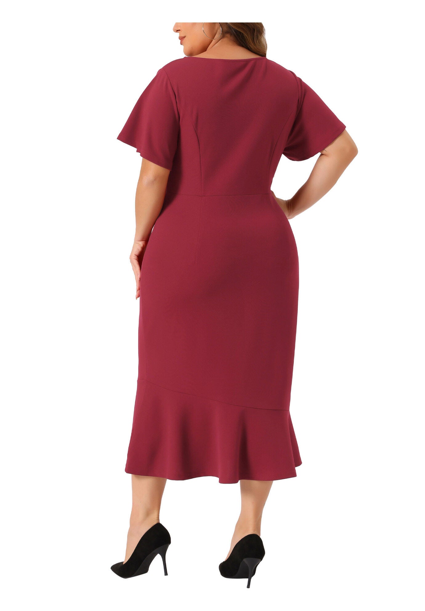 V Neck Ruffled Short Sleeve Cocktail Wrap Dress, Burgundy / Burgundy, alternate image number 3