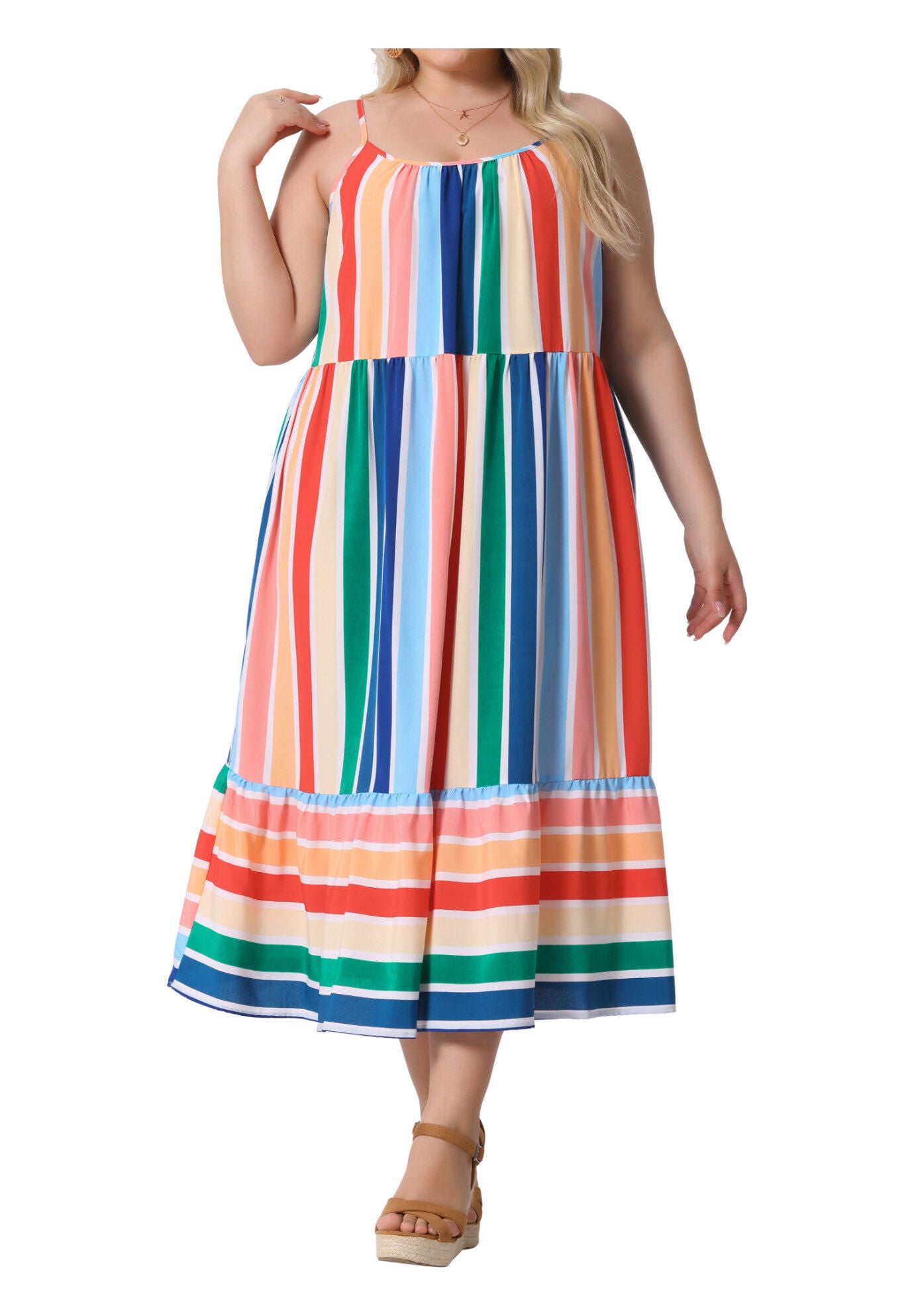 Summer Sleeveless Adjustable Straps Striped Loose Midi Cami Dress, Green Pink / Pink, alternate image number 2