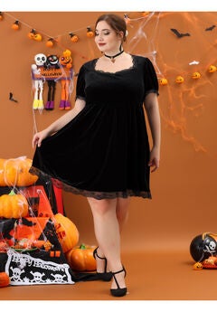 VELVET LACE TRIM SHORT SLEEVE DRESS