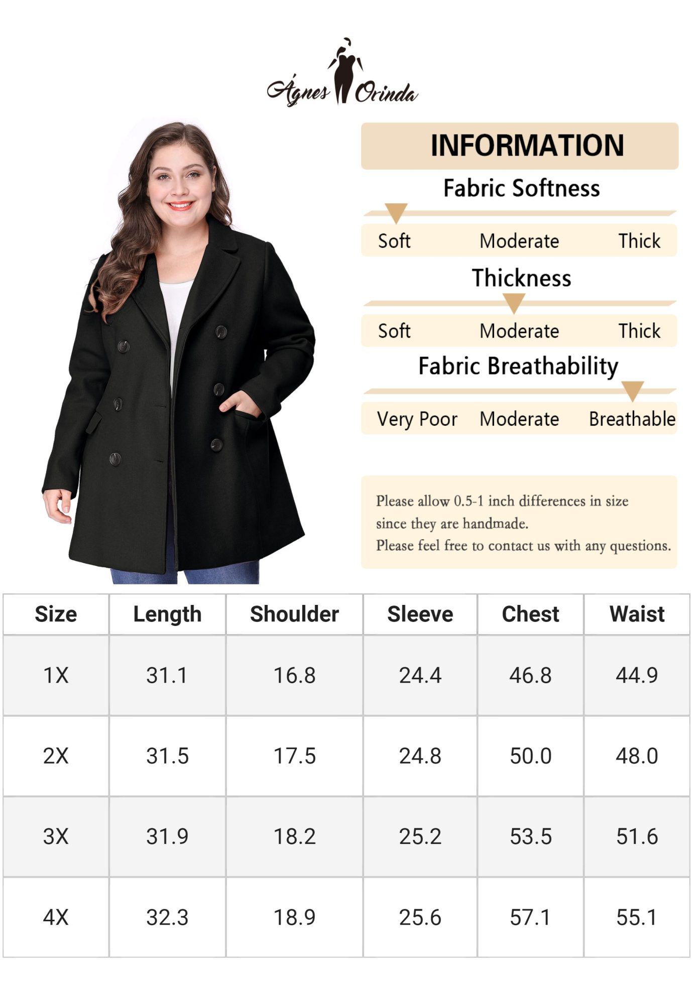 NOTCHED LAPEL DOUBLE BREASTED COAT, Black / Black, alternate image number 4