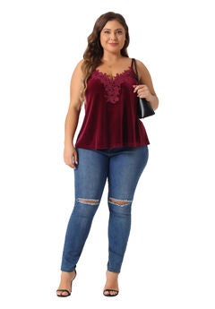 V Neck Lace Floral Panel Spaghetti Strap Cami Velvet Tank Top