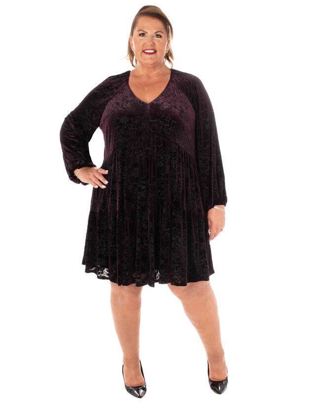 VELVET BURNOUT / SILKY DENIER FULLY LINED DRESS, FIGBLACK / Purple, alternate image number 1
