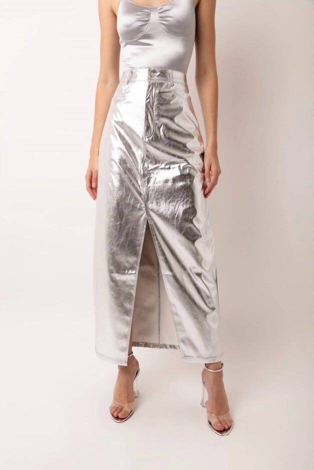 LUPE METALLIC MAXI SKIRT IN SILVER, Silver / Silver, hi-res image number null