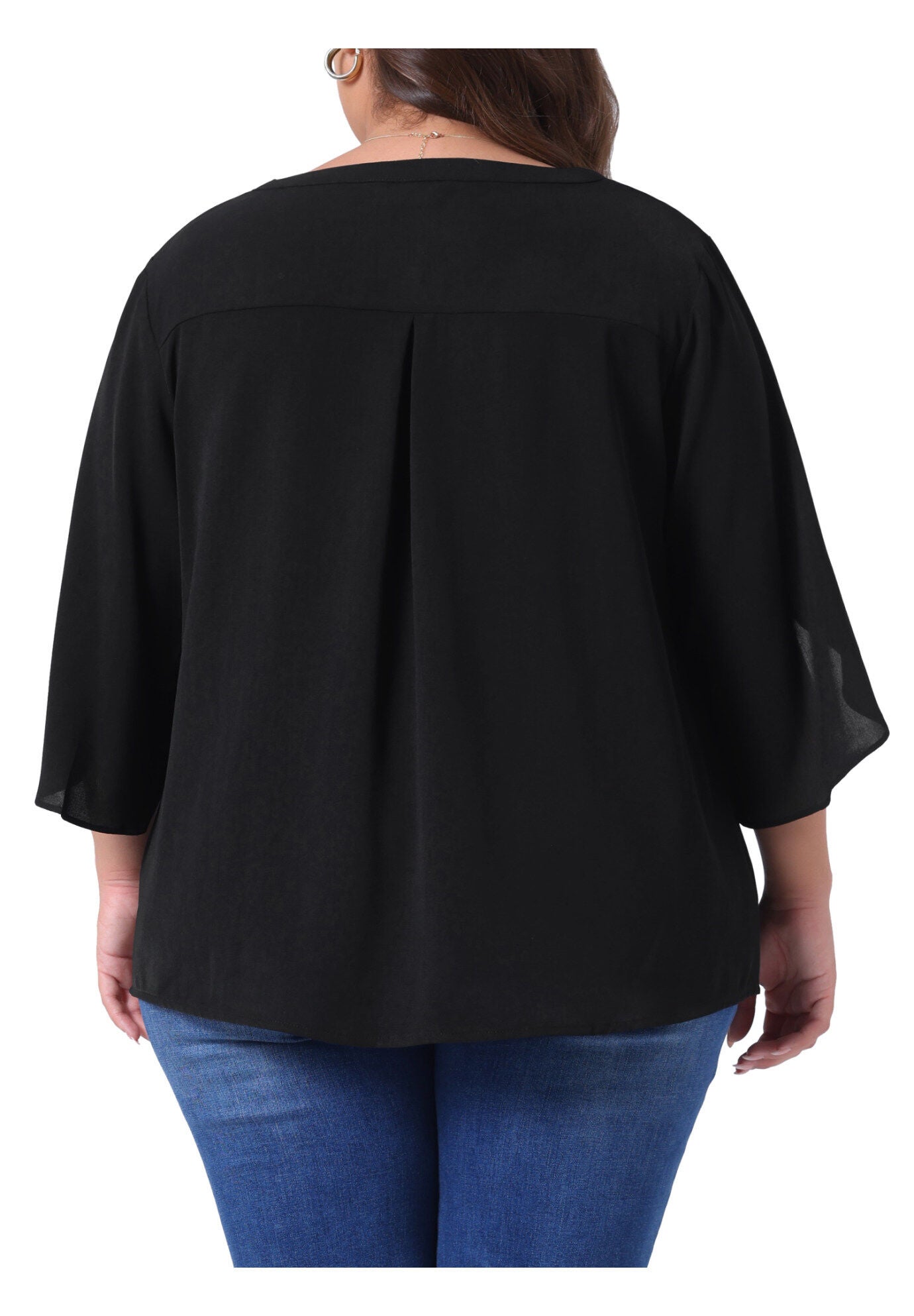 3/4 Sleeve V Neck Chiffon Shirt Tunic Top, All Black / Black, alternate image number 3