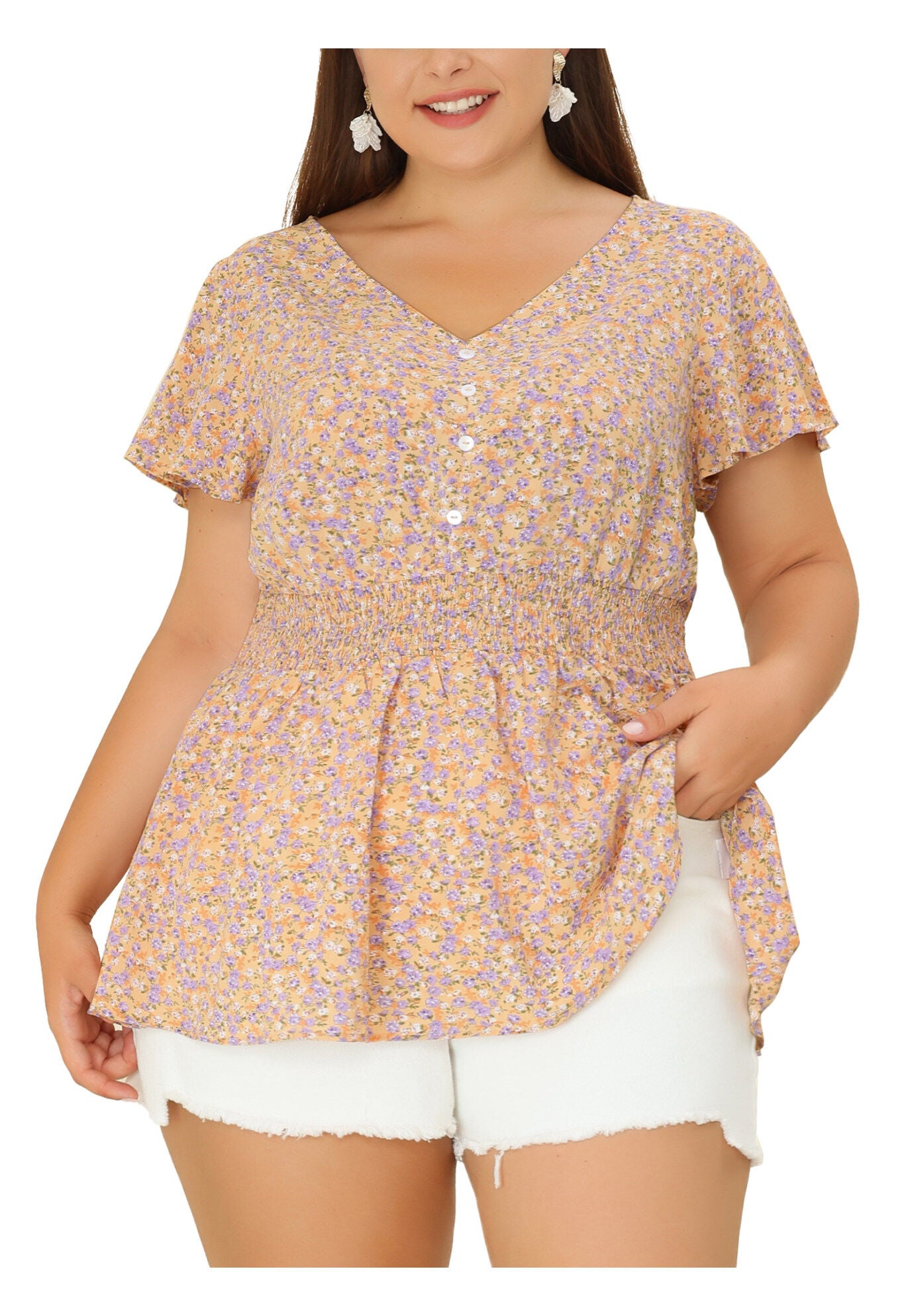 Button V Neck Smocked Waist Flare Short Sleeve Peplum Floral Blouse, Yellow / Yellow, alternate image number 1