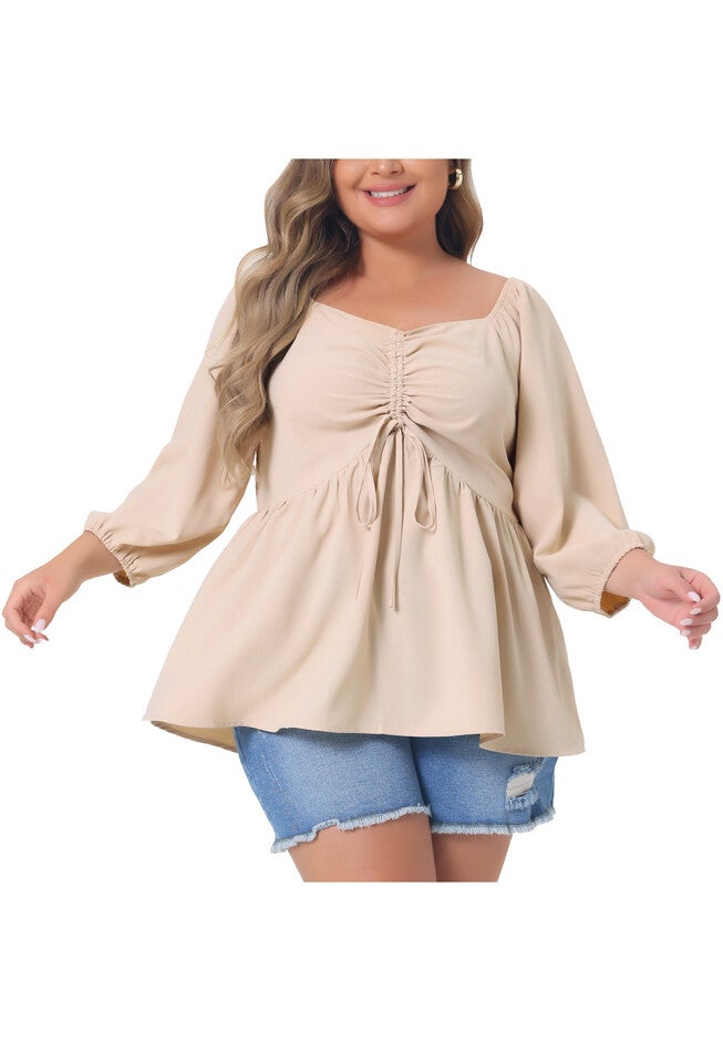 Sweetheart Neck Drawstring Ruched 3/4 Sleeve Peplum Blouse Top, Light Apricot / Cream, alternate image number 2