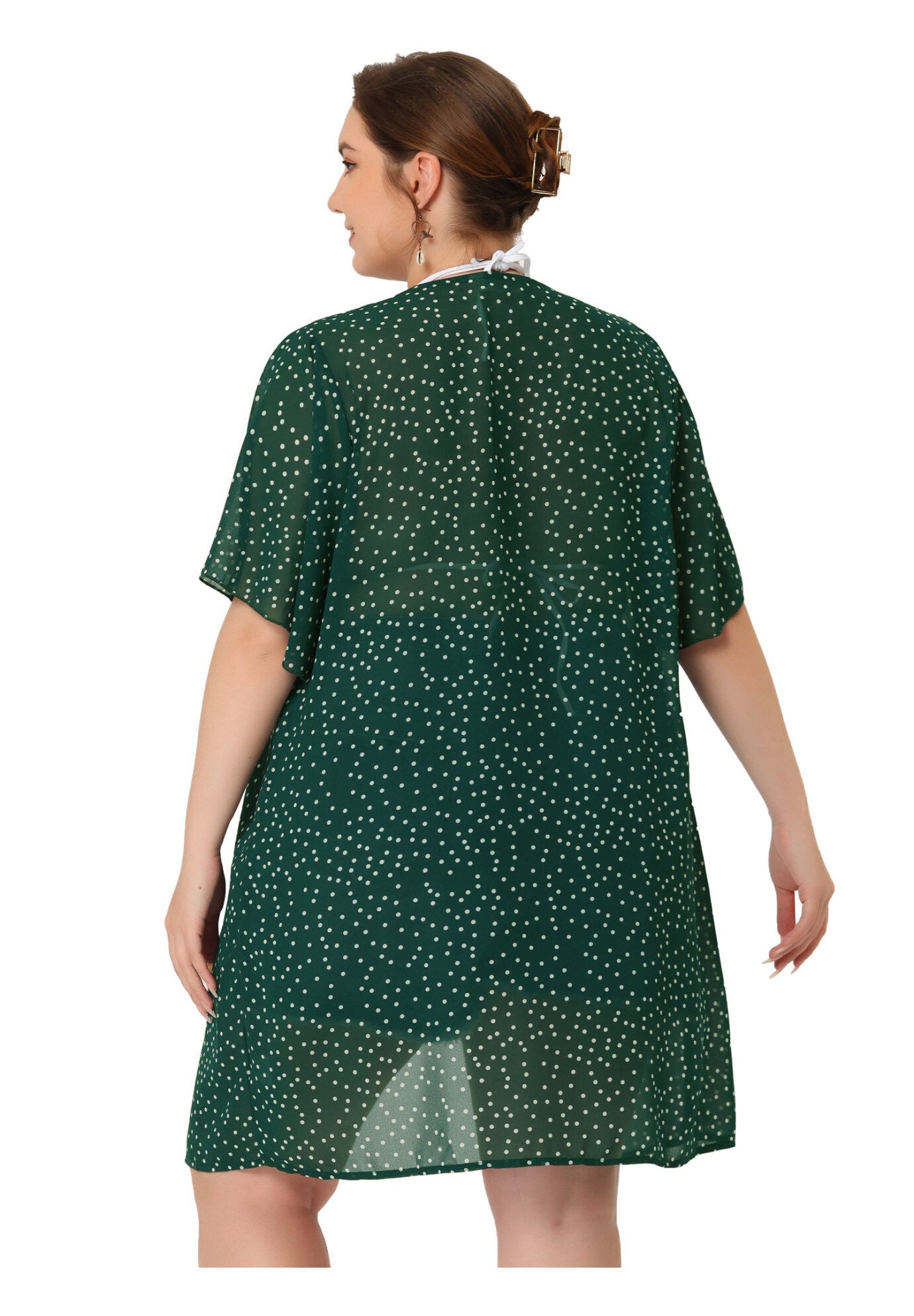 SHORT SLEEVE BIKINI POLKA DOTS KIMONO COVER UP, Green / Forest Green, alternate image number 3
