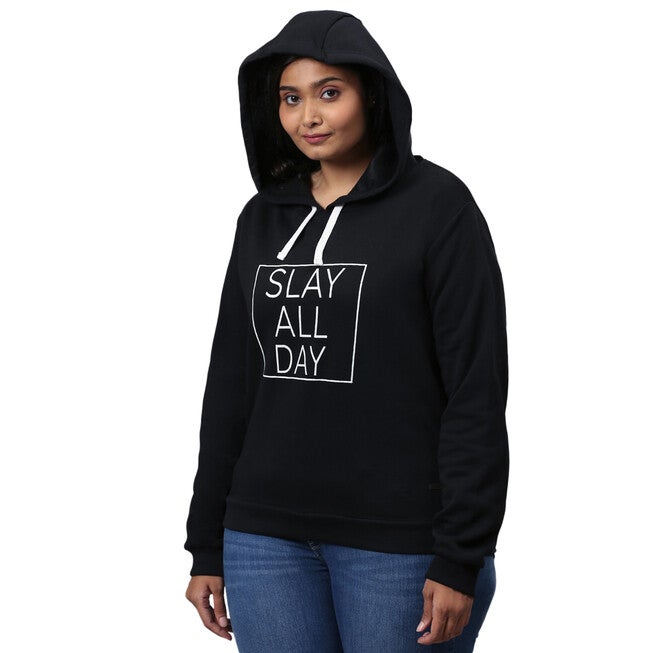 Black "Slay All Day" Sweatshirt with Hoodie, Mustard / Mustard, alternate image number 2