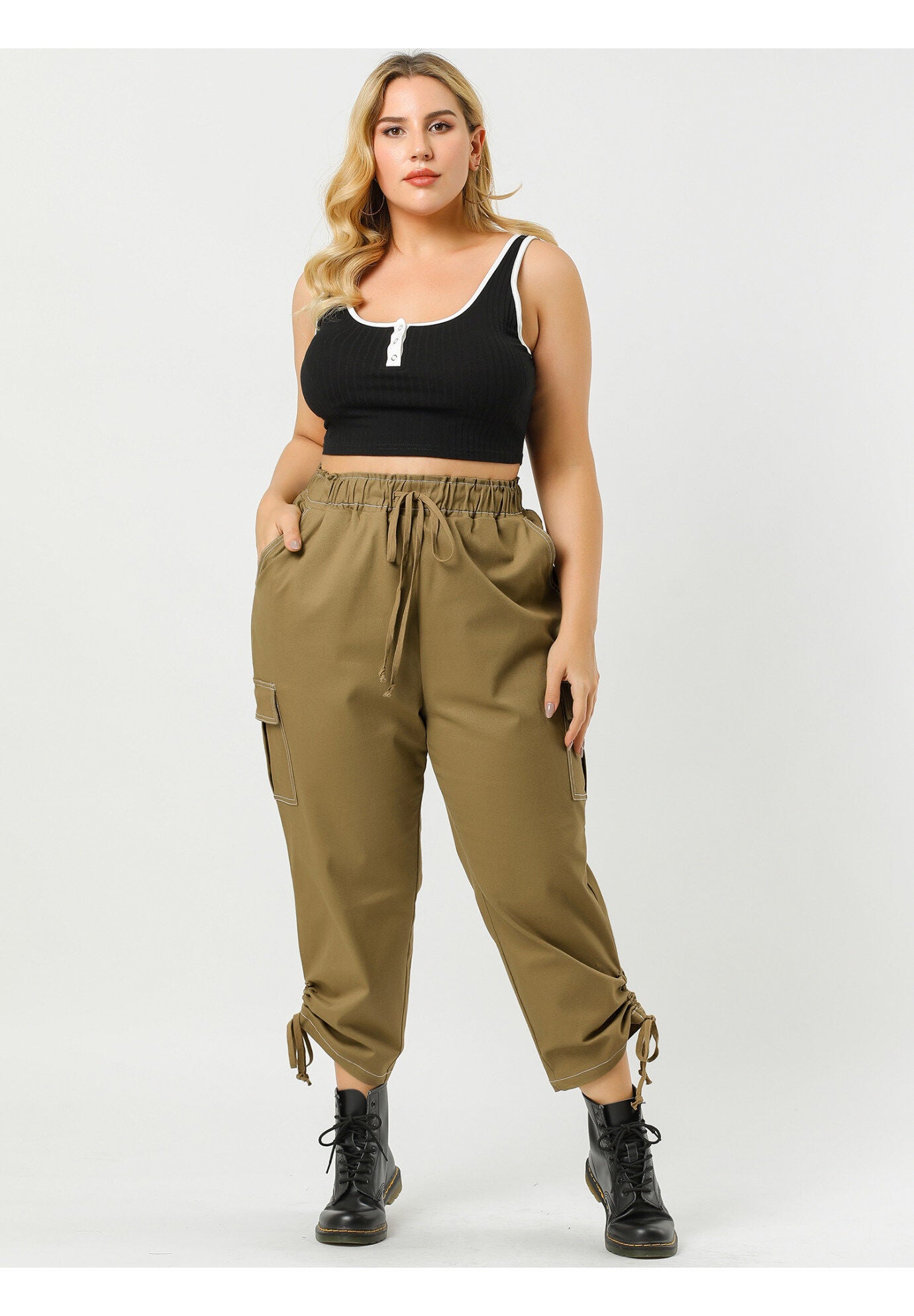 DRAWSTRING ELASTIC WAIST CARGO PANTS, Khaki / Brown, hi-res image number 0