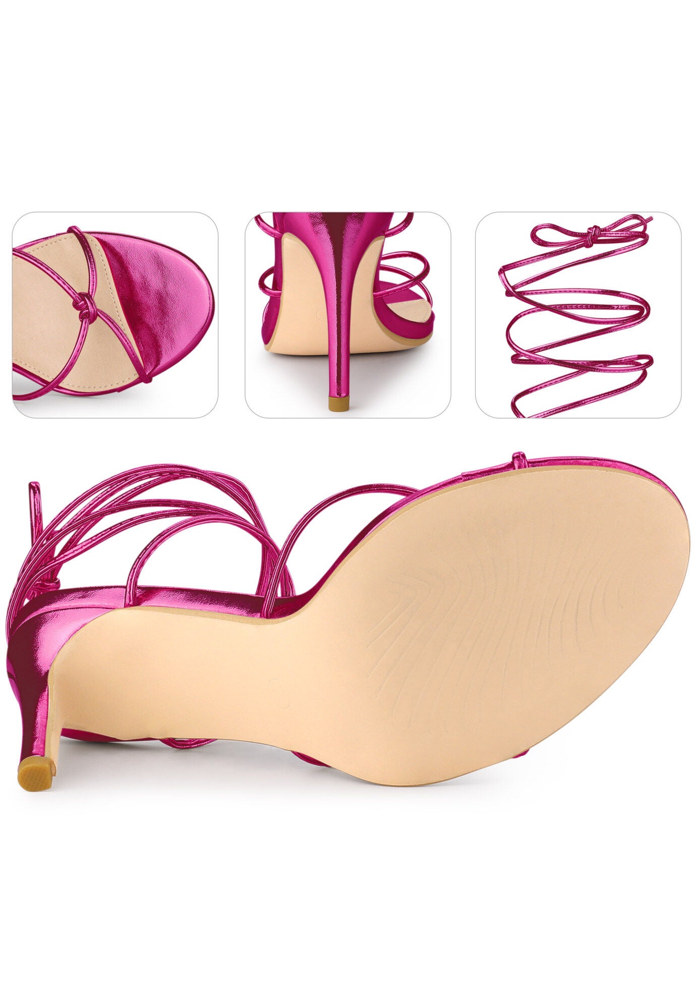 Lace Up Slingback Strappy Stiletto Heels Sandals, Hot Pink / Deep Fuchsia, alternate image number 2