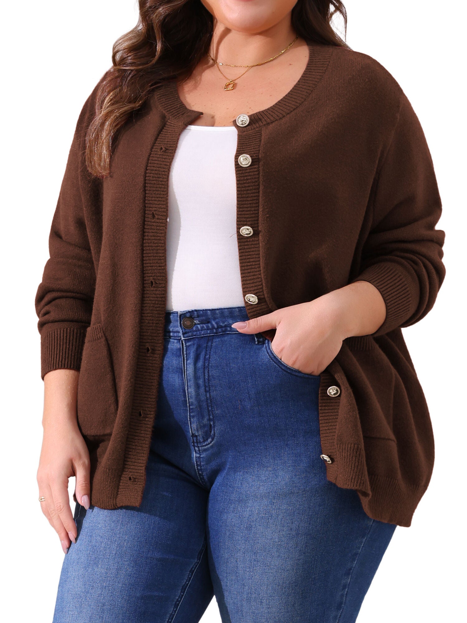 Button Down Crew Neck Sweater Knit Cardigan, Dark Brown / Brown, alternate image number 1