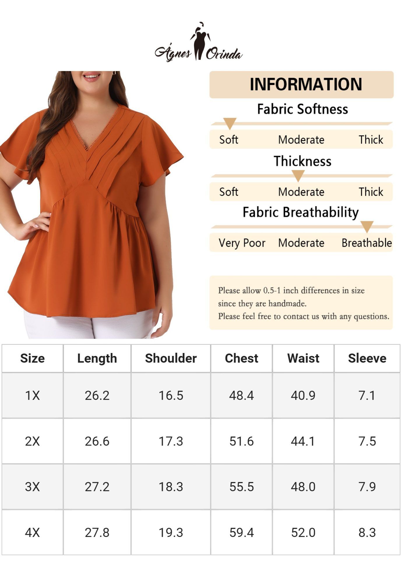 V NECK FLARE SLEEVE RUFFLE PEPLUM WRAP BLOUSE TOP, Caramel / Burnt Orange, alternate image number 4