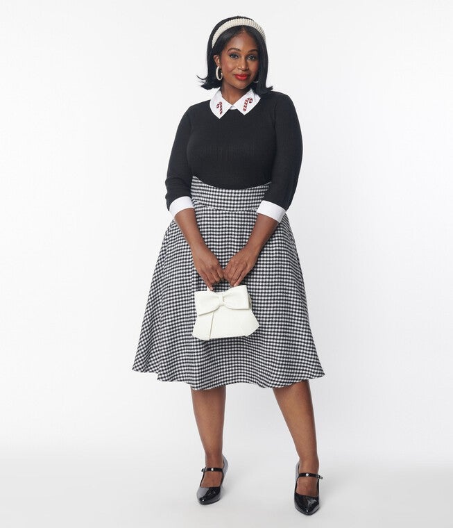 Unique Vintage Black & White Houndstooth High Waist Vivien Swing Skirt, Black White Houndstooth / Black, hi-res image number null